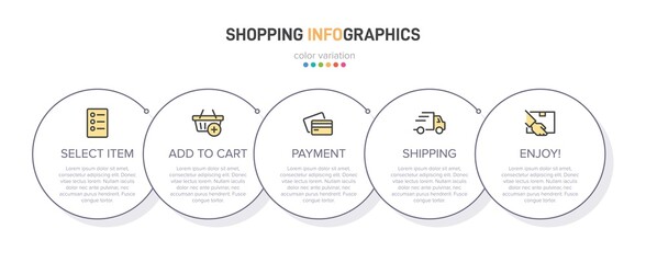 Concept of shopping process with 5 successive steps. Five colorful graphic elements. Timeline design for brochure, presentation, web site. Infographic design layout.