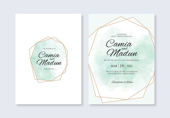 Wedding invitation template with geometric gold and watercolor splash