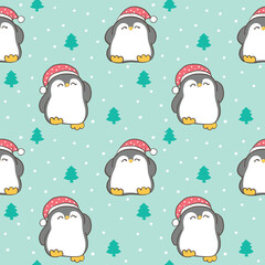 Seamless Pattern of Christmas Theme with Cartoon Penguin Design on Green Background 