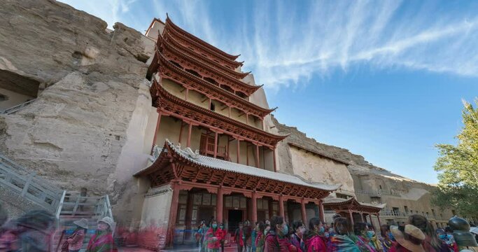 time lapse of the nine floors of mogao grottoes in dunhuang, gansu province, China.