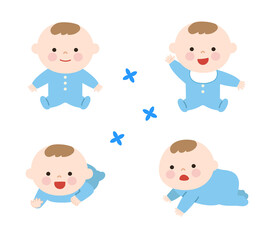 Healthy baby boys wearing blue baby clothes. Vector illustration isolated on white background.