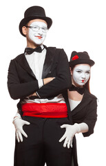 Portrait of two mime artists performing, isolated on white background. Mime hid behind his friend,...