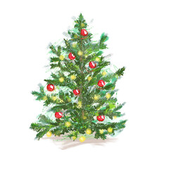 Christmas tree. Drawn with oil paints on a white background. Perfect for Christmas design, poster, postcards, packaging