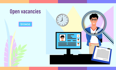 Recruitment agency. Open vacancies, detailed complex flat style.