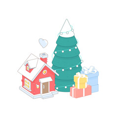 Winter Christmas house, fire tree and presents isolated on white background. 3d isometric vector illustration