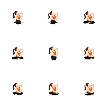 Seated side twist and bend yoga asanas set/ Illustration stylized woman practicing gomukhasana and other poses with side twist and lean