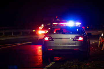 Fototapeta na wymiar Police emergency flash lights at night from the back