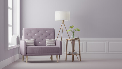 Modern vintage interior of living room, Armchair with pink cushion - 3D Rendering