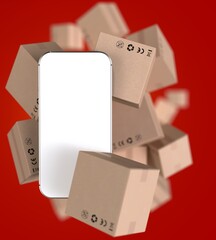 Smartphone with white blank screen. Many paper boxes from shopping online and e-commerce. 3D rendering.