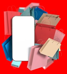 Smartphone with white blank screen. Many color paper shopping bags from shopping online and e-commerce. 3D rendering.