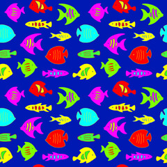 Seamless pattern. Colorful fish on blue color backround. Vector graphic illustration.
