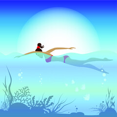Beautiful girl swimming in the sea. Vector illustration.