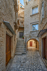 Beautiful city of Trogir, Croatia, narrow streets of the old town