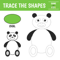 Learn geometric shapes  - oval. Preschool worksheet for practicing motor skills. Panda of geometric shapes. Tracing dashed lines. Vector illustration