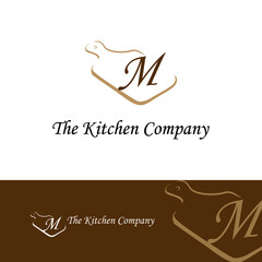 Kitchenware, Kitchen utensils business logo concept with cutting board and initial M letter template