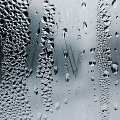 Close-up of drops on a foggy wet glass window. The texture of water drops on glass.