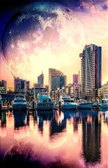 Digital illustration for e-book cover. Landscape of the future - high rise buildings and moored yachts with huge alien planet. Elements of this image are furnished by NASA