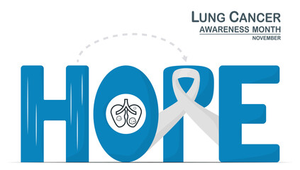 Lung cancer awareness month, November. White ribbon is sign of this disease. This graphic for banner, poster, background and advertisments. Calligraphy texts mean HOPE.