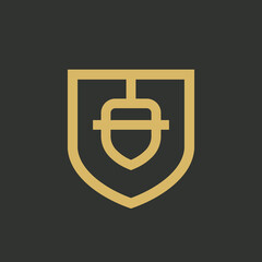 Shield with acorn nut logo icon design, linear style vector illsutration © logomimi