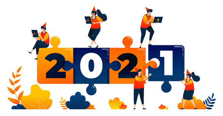 New years of 2020 to 2021 with theme of puzzle game, leadership and teamwork. Vector illustration concept can be use for landing page, template, ui ux, web, mobile app, poster, banner, website, flyer