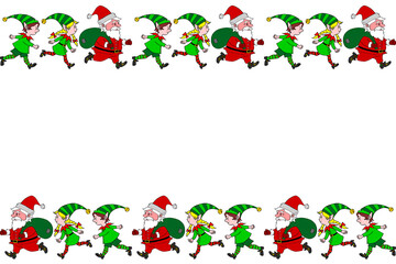 Background, frame, border from Santa Clauses and Cute little Christmas Elves. Horizontal top and bottom edging, decoration on theme New Year and Xmas. For greeting cards, invitations, holiday design