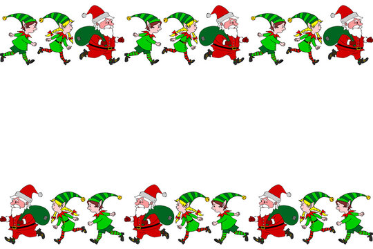 Background, frame, border from Santa Clauses and Cute little Christmas Elves. Horizontal top and bottom edging, decoration on theme New Year and Xmas. For greeting cards, invitations, holiday design