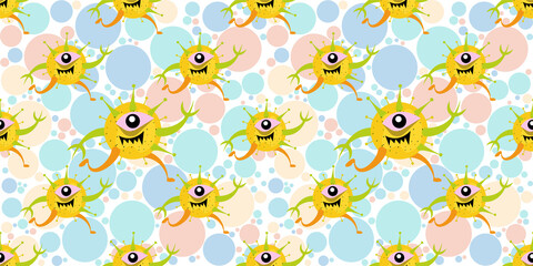 Seamless pattern of red cartoon germ in flat style design isolated on Colorful Random Scale Circles background. Bacteriology concept design. Vector illustration EPS10.