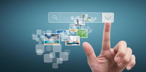 Hands touching button screen interface global connection customer networking