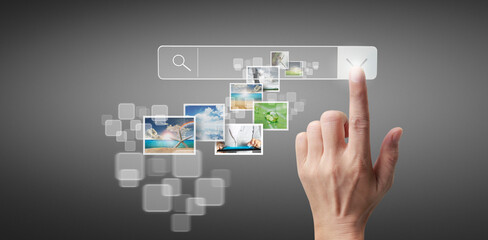 Hands touching button screen interface global connection customer networking