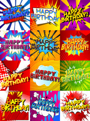 Happy Birthday. Gift card set. Vector comic book style illustration collection. Pack of birthday greeting card templates. Design for birthday invitation cards.