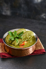 Andhra style chilli chicken curry , Chicken Hara Masala Korma , Green chicken curry, Thai chicken curry, Chicken Hariyali Tikka , Indian palak spinach Chicken Murg Saagwala coriander leaf, Hyderabadi 