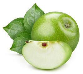 Green apple. Fresh organic apple with leaves isolated on white background. Apple with clipping path