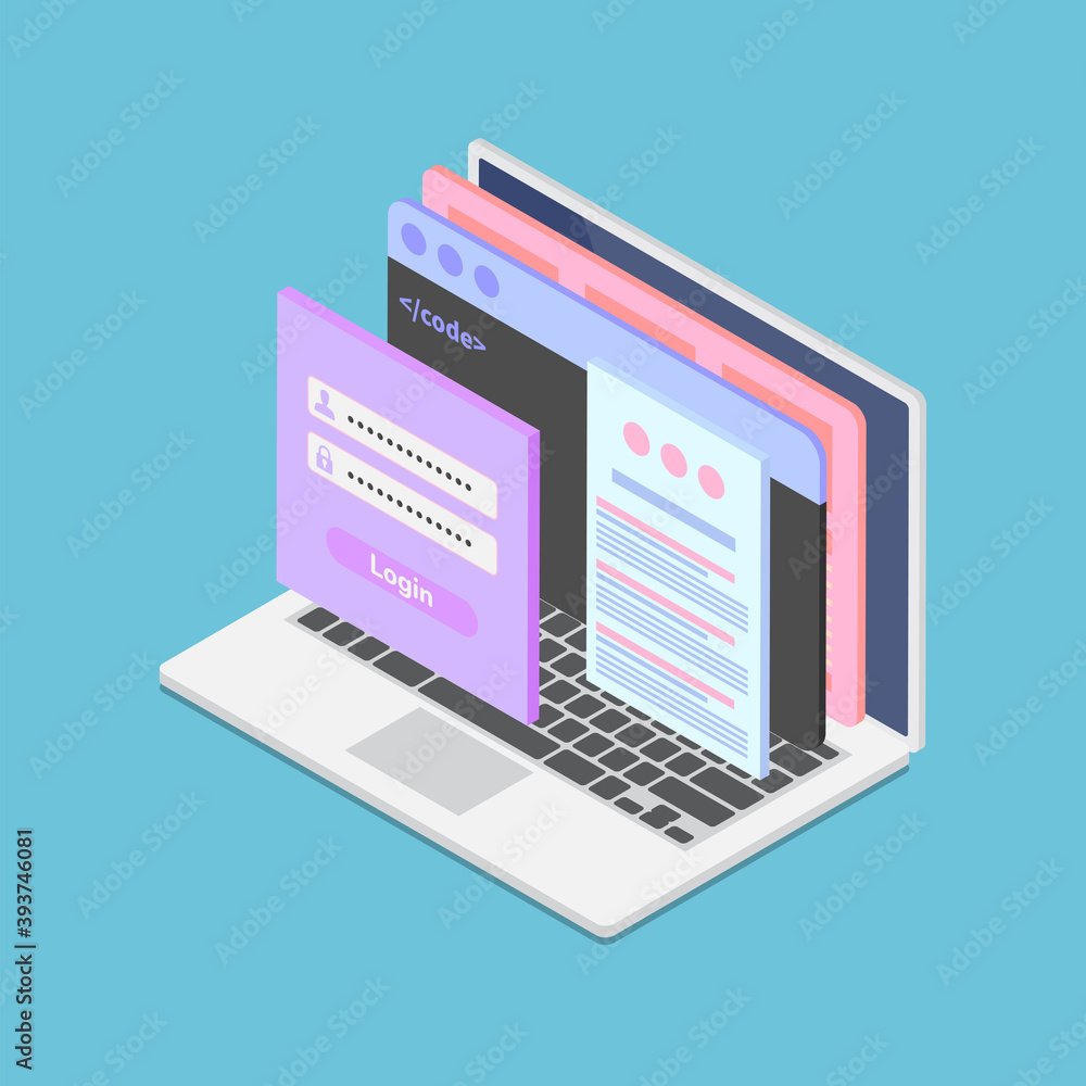Poster isometric web interface with adaptive layout webpage on laptop screen