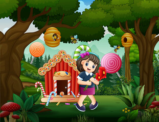 Candy land background with a girl holding flowers