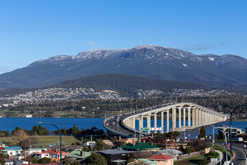 View of Mount Wellington Hobart and the Tasman Bridge, Hobart, Tasmania, Australia