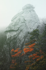 View of the mystical megaliths and rocks in the autumn forest. Megalithic rocks in the autumn in...