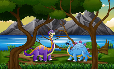 Cartoon dinosaurs at the jungle