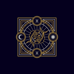 vintage thin line pisces geometric astrology zodiac sign vector icon