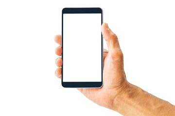 Hand holding white screen mobile phone isolated on white background with clipping path