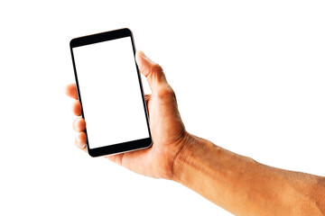 Hand holding white screen mobile phone isolated on white background with clipping path