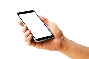 Hand holding white screen mobile phone isolated on white background with clipping path