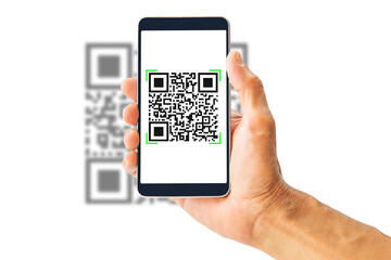 Hand holding smartphone scanning QR code isolated on white background