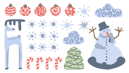 Set of Xmas objects on a white background. Balls, snowflakes, Christmas candies, spruce, clouds, snowman, deer. Cute vector illustration. Blue and red colors. Isolated objects for design.