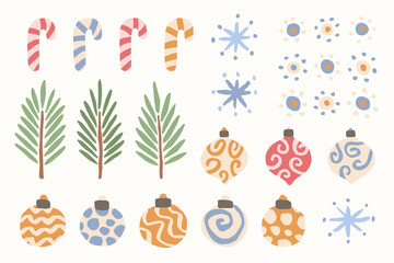Set of Christmas objects on a white background. Toys, tree branches, snowflakes, lollipops. Cute vector illustration. Pastel colors. Isolated objects for Xmas design.