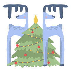 Cute Christmas card. Blue deer and Xmas tree with lights. Simple illustration in flat style. New Year postcard for banner and print.