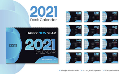  2021 Desk calendar Print ready template with blue colour.