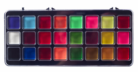 Close-up of packaging of new watercolor paints.