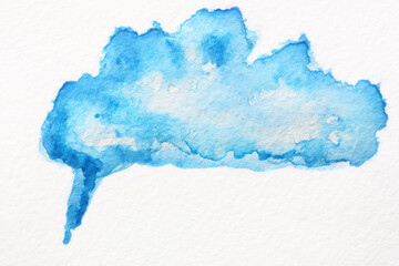 Closeup of a blue watercolor speech ball on white paper.