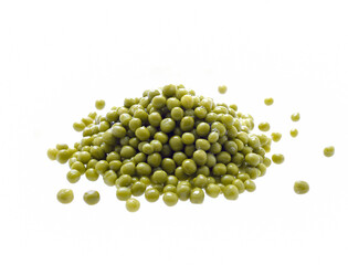 Close-up of a heap of canned green peas on a white background
