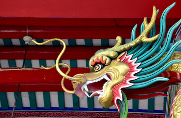 Colorful Dragon Decoration on festive background at Chinese Temple, Bangkok, Thailand.